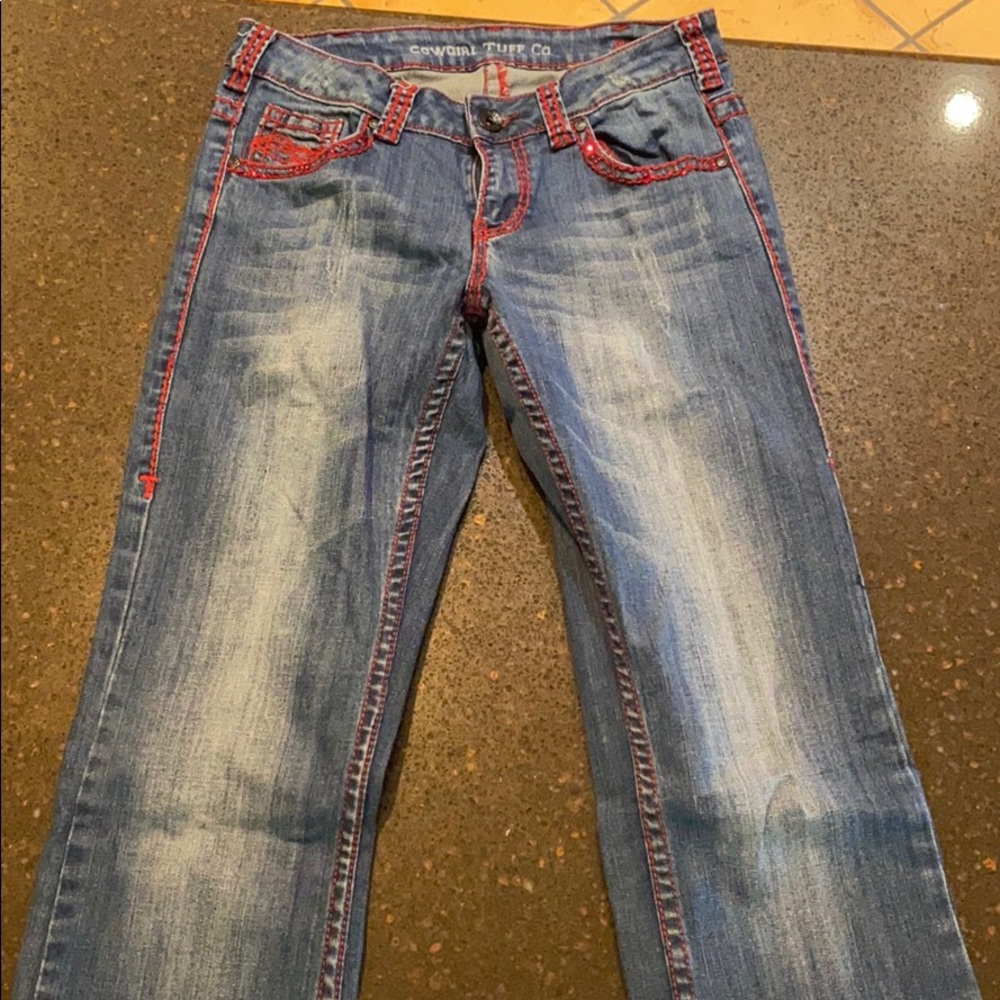 Cowgirl Tuff Jeans 28 x 35 with Red stitching